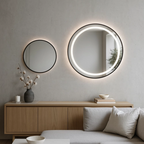 Zestaw okrągłych luster piaskowanych w ramie czarnej MDF SLIM z podświetleniem STELLA LED - kolor ramy do wyboru